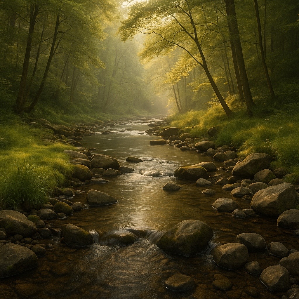 A calm creek flowing through a sunlit forest, surrounded by smooth rocks and green trees — peaceful and inviting.